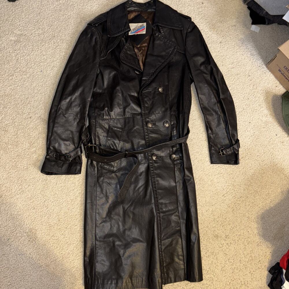 Men's Vtg 1970s J Riggins Dark Brown Leather Long Trench Coat Belted Pimp 40